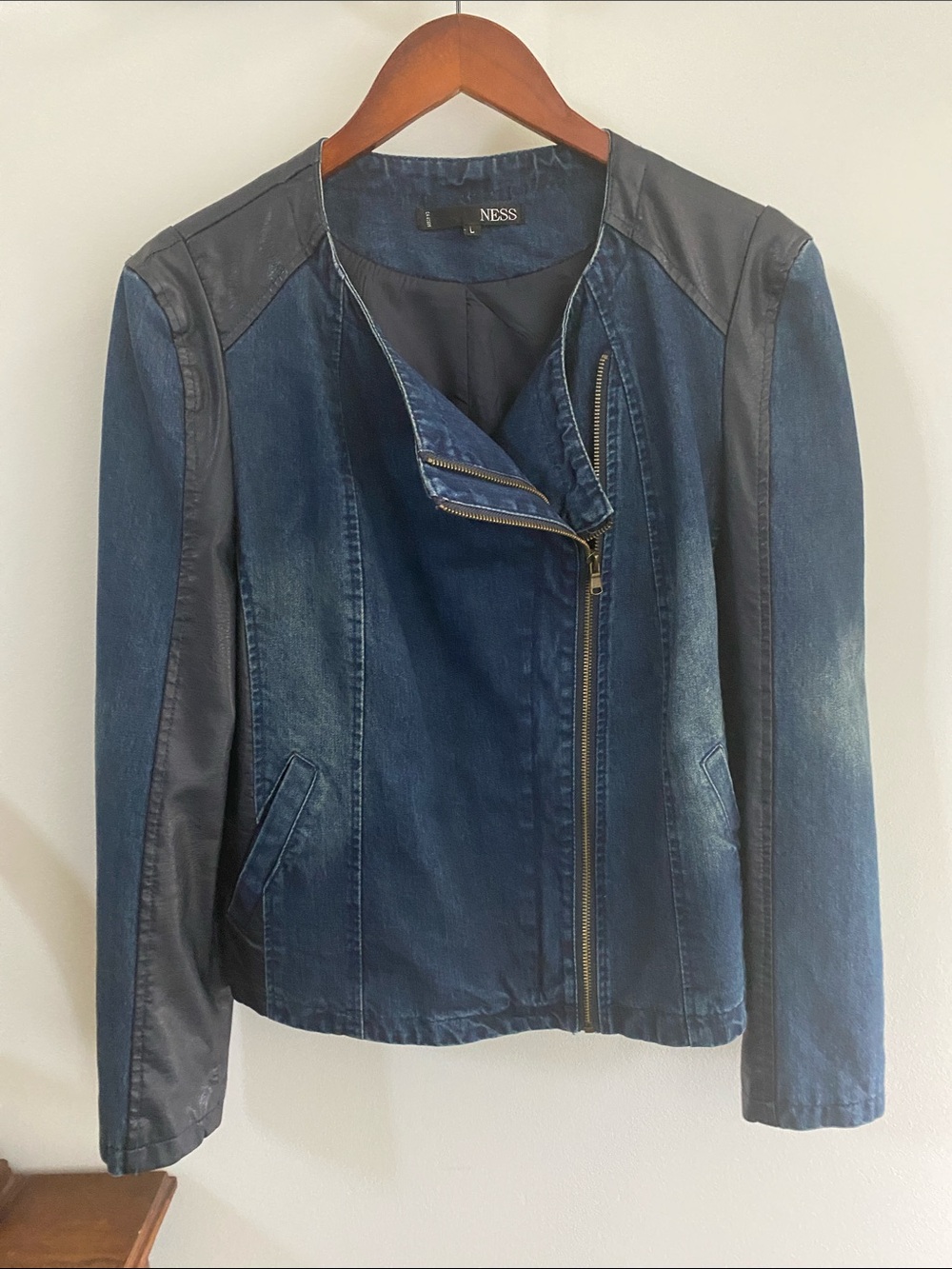 NESS Women's Navy Blue Denim and Faux Leather Moto Jacket